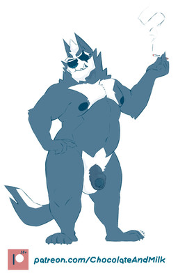 anthro balls black_nipples black_nose chin_tuft cigarette eye_patch eyewear facial_tuft flaccid foreskin front_view fur genitals grey_body grey_ears grey_fur grey_penis grey_tail grin hair hand_on_hip holding_cigarette holding_object humanoid_genitalia humanoid_penis male male_anthro navel neck_tuft nipples nude overweight overweight_anthro overweight_male penis pubes short_hair simple_background smile smoke solo standing tail text tuft white_background white_balls white_hair white_pubes white_tail chocolateandmilk nintendo star_fox wolf_o'donnell canid canine canis mammal wolf full-length_portrait hi_res portrait url
