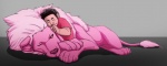 clothing cuddly duo eyes_closed feral fur hair larger_male male mane one_eye_closed paws pink_body pink_fur size_difference sleeping smaller_male smile yellow_eyes young morayn cartoon_network steven_universe lion_(steven_universe) steven_quartz_universe felid human lion mammal pantherine 2015