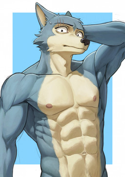 abs anthro areola biceps bodily_fluids eye_scar facial_scar fur grey_body grey_fur hand_behind_head looking_at_viewer male muscular muscular_anthro muscular_male navel nipples nude obliques pecs scar simple_background solo standing sweat sweatdrop nyeong beastars legoshi_(beastars) canid canine canis mammal wolf digital_media_(artwork) hi_res