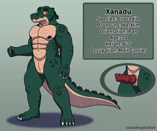 abs animal_genitalia animal_penis anthro claws crocodilian_penis fangs genital_slit genitals green_body green_scales male muscular muscular_male nipples non-mammal_nipples nude pecs penis purple_eyes scales solo standing tail teeth text yellow_sclera scalednspiralled xanadu_(scalednspiralled) crocodile crocodilian reptile scalie 6:5 english_text hi_res model_sheet