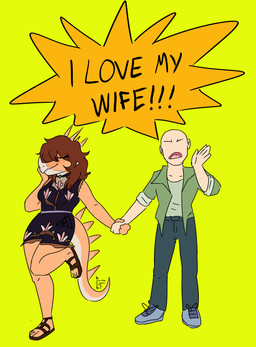 5_fingers anthro bald black_clothing black_dress blue_clothing blue_footwear blue_shoes blue_sneakers bottomwear brown_hair clothing denim denim_bottomwear denim_clothing dialogue dress duo facial_horn female female_on_human fingers footwear green_clothing green_jacket green_topwear hair hand_holding head_spikes horn human_on_anthro interspecies jacket jeans light-skinned_male light_body light_scales light_skin long_hair long_tail male male/female male_on_anthro multicolored_body multicolored_scales nose_horn orange_body orange_scales pants sandals scales shoes simple_background smile sneakers spiked_tail spikes spikes_(anatomy) tail tail_motion tailwag text topwear yellow_background jacket_ignites third-party_edit cavemanon_studios goodbye_volcano_high i_love_my_wife_(meme) ko_op_(game_developer) snoot_game anon_(snoot_game) rosa_(gvh) aquilops ceratopsian dinosaur human mammal marginocephalian ornithischian prehistoric_species reptile scalie 2025 absurd_res color_edit colored digital_drawing_(artwork) digital_media_(artwork) english_text hi_res meme
