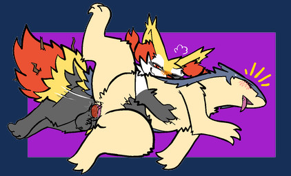 animal_genitalia animal_penis arm_tuft balls black_body black_fur blue_body blue_fur blush bodily_fluids canine_genitalia canine_penis cheek_tuft elbow_tuft facial_tuft female female_penetrated fluffy fluffy_ears fluffy_tail fur genital_fluids genitals gloves_(marking) knot larger_penetrated larger_sub lying male male/female male_penetrating male_penetrating_female markings neck_tuft on_side orange_body orange_fur paws penetration penile penile_penetration penis penis_in_vagina raised_leg sex simple_background size_difference submissive tail tuft vaginal vaginal_penetration vulva yellow_body yellow_fur trout_(artist) nintendo pokemon smolder_(darkeeveeon) braixen generation_2_pokemon generation_6_pokemon pokemon_(species) typhlosion 2026 digital_media_(artwork)
