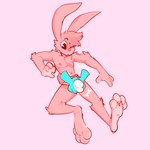 1:1 4_toes absurd_res anthro blush blush_lines briefs bulge bulge_fondling cheek_tuft chest_tuft clothing disembodied_hand duo english_text facial_tuft feet fur hi_res lagomorph leporid looking_pleasured male mammal one_eye_closed penis_under_clothing pink_background pink_body pink_fur rabbit simple_background solo_focus text toes tuft underwear wide_eyed xing1