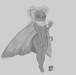antennae_(anatomy) anthro breasts eyelashes featureless_breasts featureless_crotch female gesture mouthless multi_arm multi_limb non-mammal_breasts nude solo waving wings napalm_express arthropod insect lepidopteran moth greyscale hi_res monochrome