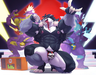 abs air_guitar anthro armpit_hair biceps big_muscles black_body black_fur blue_body body_hair body_writing claws clothing electronics fur grey_body grey_fur group huge_muscles jacket lightning_bolt long_tongue male microphone muscular muscular_anthro muscular_male pecs piercing pokeball pokeball_bulge pokeball_clothing pokeball_underwear pose purple_body quads rocking_out sharp_teeth smile stereo teeth tongue tongue_out topwear trio underwear white_body white_fur writing_on_tongue yellow_body fishingmanmax nintendo pokemon amped_toxtricity generation_8_pokemon low_key_toxtricity obstagoon pokemon_(species) toxtricity absurd_res hi_res