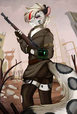 anthro bottomwear city clothing female fingerless_gloves fur gloves gun hair handwear holding_object holding_weapon markings pip-boy ranged_weapon ruins shorts solo spots spotted_body spotted_fur spotted_markings spotted_tail tail tail_markings wasteland weapon pridark fallout microsoft felid leopard mammal pantherine 2021 absurd_res crossover hi_res