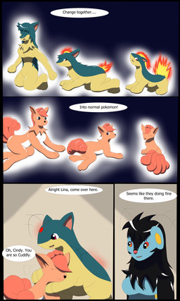 5_tails all_fours ambiguous_gender anthro_to_feral biped black_hair blue_body breasts countershading dialogue duo_focus elemental_manipulation eyes_closed female feral fire fire_manipulation group hair hug kneeling male motion_lines multi_tail nude open_mouth orange_hair paws quadruped rear_view red_sclera side_view simple_background sitting sitting_on_ground smile tail text three-quarter_view transformation transformation_sequence trio white_body white_countershading wolferion nintendo pokemon cindy_(swack16) kirara_(swack16) lina_(swack16) generation_1_pokemon generation_2_pokemon pokemon_(species) quilava vulpix 2015 3:5 absurd_res colored comic english_text hi_res