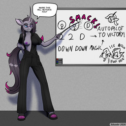 anthro areola black_clothing black_hair bottomwear breasts clothing collared_shirt colored_nails dialogue dress_shirt eyewear female footwear glasses hair high_heels hooves horn looking_at_viewer nails nipples onomatopoeia pants presenting presenting_breasts purple_areola shirt shoes smile smiling_at_viewer solo sound_effects teacher text topwear whiteboard whiteboard_marker edozebr mythology equid equine mammal mythological_creature mythological_equine unicorn 1:1 english_text hi_res