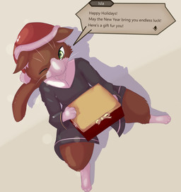 ambiguous_gender box brown_body brown_fur christmas_clothing christmas_headwear clothing container fur gift green_eyes hat headgear headwear high-angle_view holidays kemono looking_at_viewer santa_hat semi-anthro simple_background sitting solo speech_bubble talking_to_viewer white_body white_fur renyci christmas octopath_traveler octopath_traveler:_champions_of_the_continent square_enix cait isla_(octopath_traveler:_cotc) domestic_cat felid feline felis mammal hi_res male_(lore)