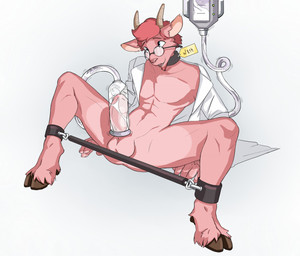 anthro balls bodily_fluids clothing coat collar cum ejaculation erection eyewear featureless_chest fur genital_fluids genitals glasses hooves horn humanoid_genitalia humanoid_penis lab_coat machine male milking_machine penile penis penis_milking penis_milking_machine pink_body pink_fur restraints scientist simple_background solo spread_legs spreader_bar spreading submissive submissive_anthro submissive_male topwear wearing_glasses white_background wootersa bovid caprine goat mammal