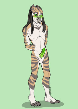 blush dreadlocks embarrassed erection femboy genitals glaring green_eyes green_penis grey_body grey_stripes hands_behind_back looking_at_viewer male penis ridged_penis simple_background solo striped_body stripes tan_body tricolor white_body sasha_demogorgon predator_(franchise) alien humanoid yautja 2021