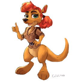 anthro backpack bottomless breasts clothed clothing digitigrade eyelashes female fungus gesture grass green_eyes hair hand_gesture hand_on_hip looking_at_viewer medium_breasts mushroom one_eye_closed plant red_hair simple_background smile solo thumbs_up white_background catsflying activision spyro_reignited_trilogy spyro_the_dragon sheila_(spyro) kangaroo macropod mammal marsupial 2018 hi_res signature