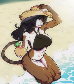 abs anthro beach big_breasts bikini biped black_bikini black_clothing black_swimwear blue_eyes breasts brown_body butt clothed clothing detailed_background female hat headgear headwear high-angle_view kneeling multicolored_body o-ring o-ring_bikini outside pupils smile solo straw_hat swimwear two-piece_swimsuit water white_body mcfli felid mammal hi_res