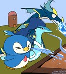 beak blue_body blue_hair blue_skin flippers googly_eyes hair orange_eyes planter silo water white_body white_skin wings dawn_wolf palworld pocketpair avian azurobe bird jormuntide pal_(species) penguin pengullet sea_monster hi_res