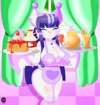 anthro apron apron_only big_breasts blush body_blush breast_blush breasts clothing female food machine mostly_nude pancake pose solo cranebear tricia_ren_sounhoff bat mammal robot absurd_res hi_res pinup