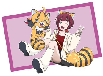 accessory anthro blue_eyes bottomwear clothing duo ear_headband female fur gesture hand_gesture headband leg_warmers legwear orange_body orange_fur skirt v_sign wakanuyou8273_5 bandai_namco digimon digimon_beatbreak reina_sakuya digimon_(species) human mammal pristimon hi_res