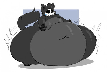 anthro belly big_belly black_body black_fur black_pawpads front_view fur grey_body grey_fur head_tuft huge_belly hyper hyper_belly inflation latex male motion_lines navel obese overweight overweight_male pawpads simple_background solo standing tuft boxofblink canid canine canis mammal wolf