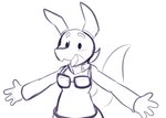 2021 2_horns 4_fingers anthro blush bottomless clothed clothing colored_sketch eyewear felibold felino fingers front_view goggles goggles_around_neck hi_res horn kobold male monochrome open_mouth scalie shirt simple_background sketch smile solo spread_arms topwear white_background