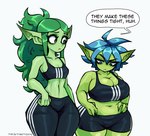 big_breasts bottomwear bra breast_size_difference breasts clothed clothing duo female frown green_body green_skin huge_breasts humanoid_pointy_ears midriff not_furry pointy_ears shorts simple_background sports_bra underwear white_background twistingtoxic sports_bra_difference_meme charli_(twistingtoxic) olive_(twistingtoxic) goblin humanoid 2023