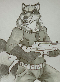 anthro clothed clothing fangs gloves_(marking) gun holding_gun holding_object holding_ranged_weapon holding_weapon male male_anthro markings open_mouth ranged_weapon simple_background solo striped_markings striped_tail stripes tail tail_markings teeth weapon whiskers hufnaar mammal procyonid raccoon hi_res monochrome traditional_media_(artwork)