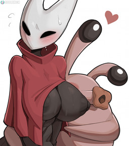 2_horns ambiguous_gender anthro areola big_breasts black_body black_eyes bodily_fluids breasts clothed clothing duo empty_eyes female heart_symbol horn lips monotone_body nipples no_pupils red_clothing simple_background sweat thick_lips three-quarter_view white_head cooliehigh hollow_knight:_silksong hollow_knight_(franchise) team_cherry hornet_(hollow_knight) nuu_(hollow_knight:_silksong) arthropod 2025 hi_res female_(lore)