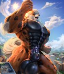 animal_genitalia anthro anthrofied arcanine balls big_balls big_muscles canid canine city collar day detailed_background duo extreme_size_difference generation_1_pokemon genitals hi_res huge_muscles kangaroo leash leashed_collar macro macropod male male/male mammal march marsupial micro muscular muscular_male nintendo nude outside penis penis_tip pokemon pokemon_(species) pokemorph qr_code sheath size_difference tempo walking zander