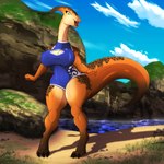 anthro biped breasts clothed clothing cloud female fingers grass non-mammal_breasts open_mouth open_smile plant smile solo swimwear tail water undeadkitty13 amber_(undeadkitty13) dinosaur hadrosaurid ornithischian ornithopod parasaurolophus prehistoric_species reptile scalie 1:1 hi_res