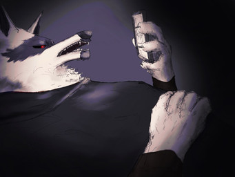 4_fingers black_nose black_sclera cellphone electronics fingers fur grey_body grey_fur holding_cellphone holding_object holding_phone holding_smartphone phone red_eyes smartphone kemostralo dreamworks puss_in_boots_(franchise) death_(puss_in_boots) canid canine canis mammal wolf 2025 colored hi_res