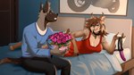 anthro bedroom bouquet clothing dominant dominant_female dress duo female flower gesture male male/female plant red_clothing red_dress romantic romantic_ambiance romantic_couple strapon submissive submissive_male suggestive suggestive_gesture tail deaddomovec furlough_games sex_and_the_furry_titty rocky_(furlough_games) roxana_(furlough_games) 16:9 hi_res widescreen