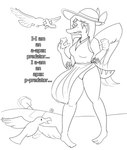 anthro beach bodily_fluids clothing dialogue dress feathered_wings feathers female food hair hat headgear headwear jewelry long_hair necklace outside short_tail snout solo sun_hat tail tears tears_of_fear text wings arsenic_iii cavemanon_studios goodbye_volcano_high snoot_game fang_(gvh) avian bird gull lari larid prehistoric_species pterodactylus pterosaur reptile scalie 2023 black_and_white english_text monochrome