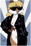 80's_theme blonde_hair border clothing eyewear female hair jacket leather leather_clothing leather_jacket leather_topwear lips pubes solo sunglasses topwear white_border sonderjen patrick_nagel stacy_kotlowski canid canine fox mammal absurd_res hi_res