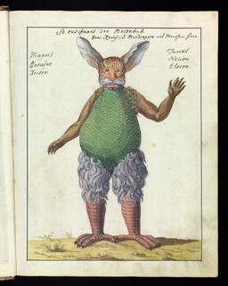 4_toes 5_fingers ambiguous_anthro ambiguous_gender anthro belly biped claws fangs feathers feet finger_claws fingers front_view long_ears open_mouth scales solo standing talons teeth text toe_claws toes whiskers unknown_artist public_domain beelzebub avian demon felid mammal 1775 18th_century absurd_res ancient_art german_text hi_res painting_(artwork) partially_translated traditional_media_(artwork) traditional_painting_(artwork) traditional_watercolor_(artwork) translation_request watercolor_(artwork)