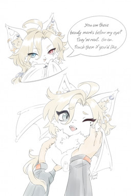 ahoge blonde_hair blue_eyes duo ear_piercing ear_ring eye_through_hair eyebrow_through_hair eyebrows fangs female female_focus hair heterochromia holding_another inner_ear_fluff looking_at_viewer markings mole_(marking) one_eye_closed open_mouth open_smile piercing red_eyes ring_piercing semi-anthro simple_background smile sparkles sparkling_eyes speech_bubble teeth text translucent translucent_hair tuft white_background white_body annetpeas bat mammal 2025 english_text hi_res signature