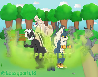 anthro background_crowd barefoot bench black_body black_fur blonde_hair blue_body blue_fur bodily_fluids clothed clothed_male clothing cloud fart fart_bukkake fart_cloud fart_fetish farting_on_another farting_on_face feet female footwear fur gloves green_eyes group hair half-closed_eyes handwear looking_at_another looking_pleasured male male_farting markings mohawk narrowed_eyes nude_male park plant public public_exposure public_park public_place red_eyes shoes shrub skunk_spray smile smiling_at_another smiling_at_partner striped_head striped_markings striped_tail stripes sweat sweatdrop tail tail_markings tan_body tree white_body white_fur yellow_body yellow_sclera supersonicparty18 idw_publishing sega sonic_the_hedgehog_(comics) sonic_the_hedgehog_(idw) sonic_the_hedgehog_(series) fan_character rough_the_skunk simon_(supersonicparty18) tumble_the_skunk bear bovid canid canine caprine eulipotyphlan fox hedgehog hyena lagomorph leporid mammal mephitid rabbit sheep skunk hi_res