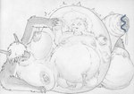 anthro balls belly big_balls big_belly big_nipples breasts censored_genitalia censored_penis duo fangs fetal_movement foreskin genitals gynomorph hyper hyper_pregnancy internal intersex multiple_pregnancies navel nipples penis pregnant pregnant_intersex recursive_pregnancy teeth umbilical_cord tr-0761-2 mythology dragon humanoid mythological_creature mythological_scalie scalie censored