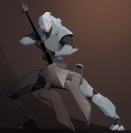 armor machine male melee_weapon polearm solo spear warrior weapon fake_anna bionicle lego humanoid robot hi_res
