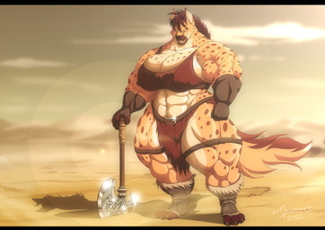 3_toes abs anthro areola_outline axe barbarian big_breasts big_muscles black_bars black_hair black_nose bottomwear bra breasts claws cleavage clothed clothing desert feet female fur grin hair hindpaw huge_breasts huge_muscles huge_thighs humanoid_hands loincloth markings melee_weapon muscular muscular_anthro muscular_female navel nipple_outline paws smile solo spots spotted_body spotted_fur standing tan_body tan_fur teeth thick_thighs toe_claws toes underwear weapon xxsparcoxx bruda_(wulfbane) gnoll hyena mammal 2022 absurd_res digital_media_(artwork) hi_res letterbox signature