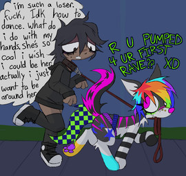 2_tails alternative_fashion ambiguous_feral ambiguous_gender black_clothing black_footwear black_hoodie black_legwear black_shoes black_thigh_highs black_topwear blue_feet blue_tail brown_body brown_skin checkered checkered_fur clothed clothed_female clothed_human clothing collar converse_shoes countershading dark_body dark_skin detailed_background duo emo eyelashes fangs feet female female_human feral footwear fully_clothed fully_clothed_female fully_clothed_human fur green_tail grey_body grey_countershading grey_ears grey_fur grey_hair grey_tail hair hoodie leash leash_pull leashed_collar legwear multi_tail multicolored_body multicolored_fur multicolored_hair outside pawpads pink_eyes pink_nose pink_stripes pink_tail purple_pawpads rainbow_hair scene_(fashion) scene_haircut sparklefur sparkles striped_body striped_fur striped_legs stripes tail teeth text thigh_highs topwear two_tone_tail yellow_feet lilstarlite converse canid canine human mammal english_text hi_res