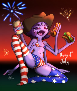 5_eyes 6_arms american_flag_bikini bikini black_hair breasts burger can clothed clothing container cowboy_hat female fireworks flag_bikini flag_swimwear food hair hat headgear headwear holding_burger holding_can holding_container holding_food holding_hot_dog holding_object holidays legwear multi_arm multi_eye multi_limb navel open_mouth purple_body short_hair sitting sitting_on_ground small_breasts solo stockings swimwear teeth thigh_highs tongue two-piece_swimsuit jumpjump 4th_of_july undertale undertale_(series) muffet animal_humanoid arachnid arachnid_humanoid arthropod arthropod_humanoid humanoid spider_humanoid 2026 absurd_res hi_res