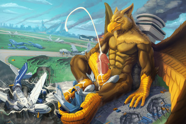 abs aircraft airplane airport anthro balls beak biceps biped bodily_fluids brown_body brown_fur building building_destruction city claws cum cum_on_ground cumshot destruction ejaculation erection extreme_size_difference feathered_wings feathers feet finger_claws fingers footprint fur genital_fluids genitals house humanoid_genitalia jet machine macro macro_anthro macro_male male masturbation muscular muscular_anthro muscular_male nude orgasm outside paw_crush pawpads pawprint paws pecs penile penile_masturbation penis rampage size_difference sky smile solo tail toe_claws toes vehicle vehicle_crash vehicle_destruction wings thb886 mythology carpo avian gryphon mythological_avian mythological_creature hi_res