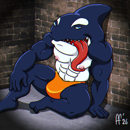 4_fingers abs anthro black_body blue_eyes brick_wall bulge clothed clothing dorsal_fin fin fingers licking_own_nipple male muscular muscular_anthro muscular_male nipples orange_clothing orange_thong orange_underwear pecs pink_nipples pose red_tongue solo teeth thong thong_only tongue tongue_out topless topless_anthro topless_male underwear underwear_only wall_(structure) white_body fabfelipe street_sharks moby_lick cetacean dolphin mammal marine oceanic_dolphin orca toothed_whale 1:1 2026 hi_res pinup