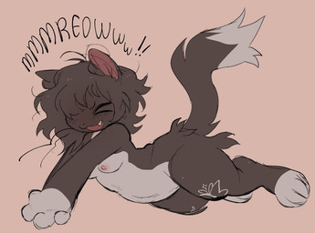 >_< acting_like_a_cat anthro barely_visible_genitalia barely_visible_vulva breasts brown_body brown_fur brown_hair brown_tail countershading dipstick_tail eyes_closed fangs feet female female_anthro fur genitals gloves_(marking) hair leg_markings markings meow meowing nipples nude nude_anthro nude_female open_mouth open_smile pink_background pink_inner_ear pink_nipples simple_background slightly_chubby slightly_chubby_anthro slightly_chubby_female small_breasts smile socks_(marking) solo stretching tail tail_markings tan_body tan_breasts tan_countershading tan_feet tan_fur tan_hands tan_tail_tip teeth text thick_thighs vulva wide_hips chewtoyys lucky_(chewtoyys) domestic_cat felid feline felis mammal 2025 digital_drawing_(artwork) digital_media_(artwork) full-length_portrait portrait nonbinary_(lore)