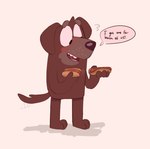 anthro black_eyes blush brown_body brown_ears brown_fur brown_hair brown_nose brown_tail food fur hair happy holding_food holding_hot_dog holding_object hot_dog male motion_lines multicolored_body multicolored_fur solo speech_bubble standing tail tail_motion tailwag teeth text two_tone_body two_tone_fur shaibey bluey_(series) fido_(bluey) bird_dog canid canine canis domestic_dog hunting_dog labrador mammal retriever 2023 digital_media_(artwork) english_text hi_res procreate_(artwork)