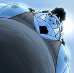 anthro belly black_hair blue_body clothing hair looking_down low-angle_view male moobs musclegut muscular muscular_male nipples pecs shirt solo tank_top topwear tusks worm's-eye_view fishdaddyjinbe one_piece pec_pov_meme jinbe fish-men_(one_piece) marine 2024 hi_res meme