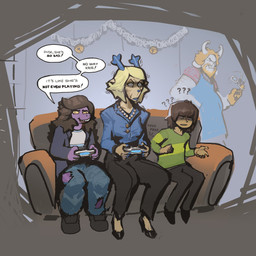 2_horns ambiguous_gender ambiguous_human anthro antlers apron beard bell biped black_bottomwear black_clothing black_footwear black_pants black_shoes blonde_hair blue_antlers blue_blazer blue_bottomwear blue_clothing blue_lips blue_nose blue_pants bottomwear brown_hair car_keys clothing constricted_pupils controller derp_eyes dialogue facial_hair female female_anthro footwear funny_background_event fur furniture game_controller gloves green_clothing green_shirt green_topwear group hair handwear high_heels holding_controller holding_game_controller holding_object hooves horn jacket jewelry jingle_bell lips male male_anthro mischievous_smile necklace onomatopoeia pants pink_clothing pink_shirt pink_topwear playstation_controller pupils purple_body purple_clothing purple_jacket purple_topwear question_mark red_eyes shirt shocked shoes short_hair small_pupils snout sofa sound_effects speech_bubble spinning_object tan_body tan_fur text topwear torn_bottomwear torn_clothing torn_pants tremble_lines white_body white_clothing white_fur white_shirt white_topwear yellow_sclera zeusdex asgore_running_over_dess deltarune dualshock_4 no_way_fag playstation playstation_4 sony_corporation sony_interactive_entertainment undertale_(series) asgore_dreemurr carol_holiday kris_dreemurr susie_(deltarune) boss_monster_(undertale) bovid caprine deer human mammal scalie 2025 english_description english_text hi_res meme translated