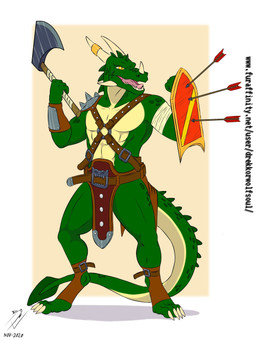 anthro arrow_(weapon) axe bottomwear clothing green_body harness horn loincloth male melee_weapon ranged_weapon shield solo tail weapon drekkorwolfsoul mythology dragon mythological_creature mythological_scalie scalie 3:4 absurd_res hi_res