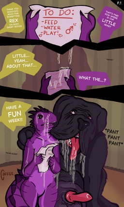 anthro anthro_on_feral bestiality bodily_fluids dialogue drooling duo feral floppy_ears front_view genitals inside knot knotted_penis larger_feral larger_male male male/male nude penis saliva sitting size_difference smaller_anthro smaller_male speech_bubble standing surprised text coffee_(artist) coffeebynight dio_(scapegoat02) rex_(kingmastiff30) canid canine canis domestic_dog mammal mastiff molosser reptile scalie tuatara absurd_res comic english_text hi_res