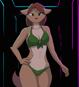 anthro bikini bikini_only breasts brown_hair brown_nose clothed clothing collarbone countershade_torso countershading eyebrows female fingers front_view green_bikini green_bikini_bottom green_bikini_top green_clothing green_eyes green_swimwear hair hand_on_hip looking_at_viewer monotone_bikini monotone_clothing monotone_swimwear solo swimwear teeth two-piece_swimsuit walking kanashiipanda book_of_lust olivia_hart canid canine canis mammal wolf animated