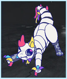 ambiguous_gender blue_border border claws feral horn machine metal metallic_body solo toony white_body wiring jeopardizing_jellybeans_of_jarring_jandemonial_jevastation regretevator roblox the_axolotl_sun prototype_(regretevator) robot_feral signature