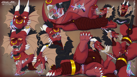 accessory anal anal_vore anthro black_mane bodily_fluids breath brown_body brown_scales claws dripping duo ejaculation facial_piercing feral fin genital_fluids genitals horn lying male male/male mane mawplay multiple_poses nose_piercing nose_ring on_side orange_eyes penis piercing pink_body pose rear_view red_body ring_piercing saliva saliva_drip scales size_difference steamy_breath vore wings hunamarts european_mythology mythology sarduin dragon kobold mythological_creature mythological_scalie scalie western_dragon 16:9 absurd_res hi_res sketch_page widescreen